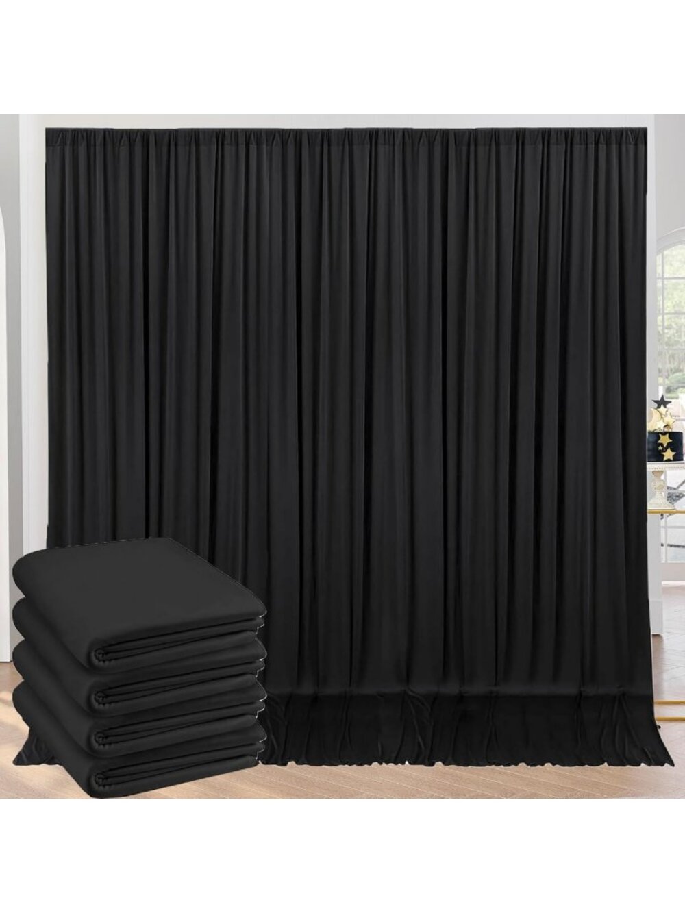 20ft x 10ft Black Wrinkle-Free Backdrop Curtains - 4 Silky Polyester Panels for